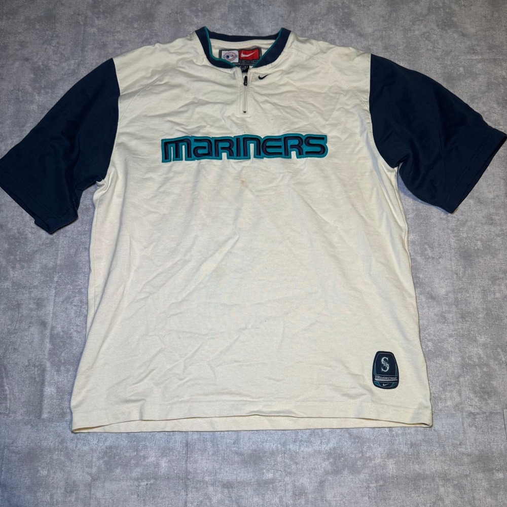 Vintage Nike Team Seattle Mariners Quarter Zip Pullover Shirt Cream Navy Large